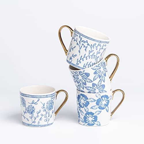 ספל קפה קרמיקה של טיימי טיימיק סבל של כוס תה של 4, 12.5 גרם עם דפוס פרחים כחול לבן, סט מתנות ספל קפה לנשים, חברות, יום