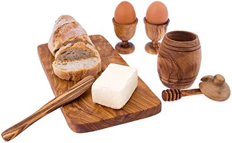 עץ זית בעבודת יד, סט ארוחת בוקר מגיש - סיר דבש או צנצנת, מטלטל דבש, 2 כוסות ביצה, סכין חמאה, הגשה - קרש חיתוך 30x14.5