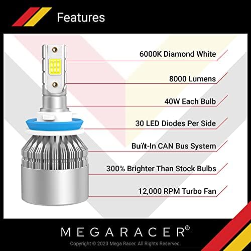 Mega Racer H11 9005/HB3 LED פנס נורות משולבת - 6000K יהלום לבן, 12V 40W 8000 לומן, צ'יפס LED, IP68 דורג אטום למים, נורה