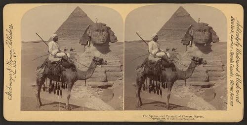 צילום היסטורי: תמונה של סטריאוגרפיה, ספינקס ופירמידה של Cheops, מצרים, גמלים, C1896, ג'יזה