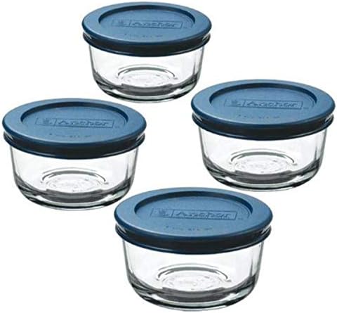 עוגן הוקינג 1-כוס עגול, זכוכית מזון אחסון מכולות עם מכסי פלסטיק, כחול, סט של 4