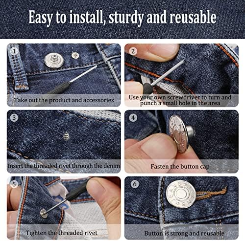 20 סיכות כפתור סטים לג'ינס, סיכות כפתורי ג'ין לג'ינס רופף, ללא תפירה וללא כלים החלפת מיידית כפתור מכנסיים מצמד, כפתור